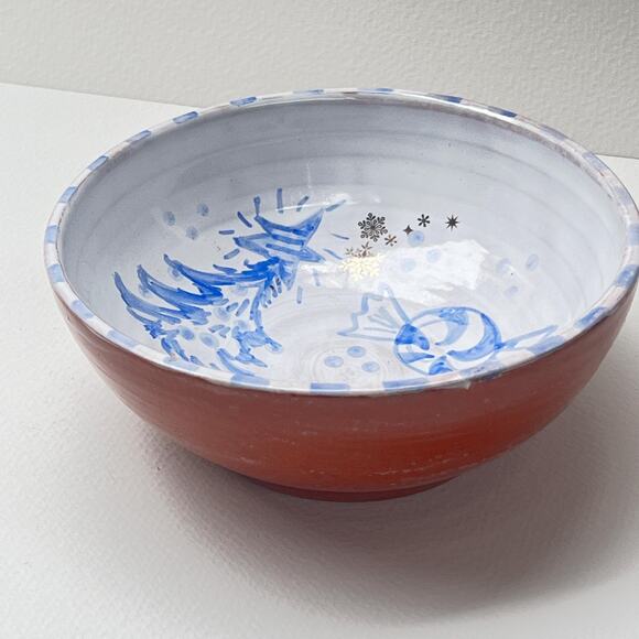 Blue & White Christmas Pottery Bowl with a Candy Cane, Peppermint, and Tree - Picture 9 of 10